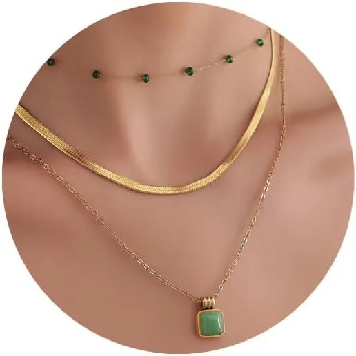 Layered Natural Stone Necklaces for Women, 18K Gold Plated Herringbone Gemstone Necklace Healing Crystal Pendant Necklace Set, Gold Jewelry Gifts for Women