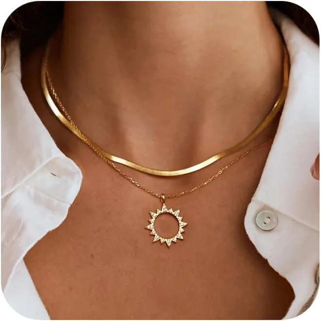 Layered Necklaces for Women,14K Gold/Silver Necklace Set Simple Layered Necklaces Herringbone Twisted Lip Chain Dainty Pendant Necklace Jewelry