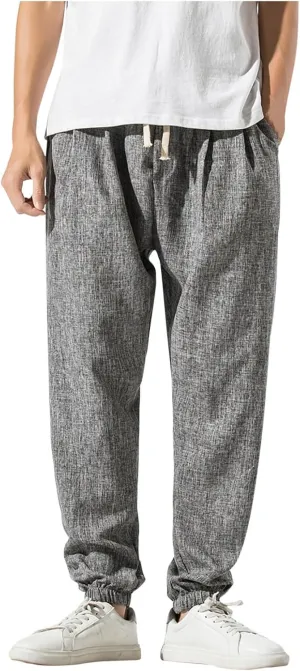Linen Harem Pants Men Plus Size Waist Drawstring Pleated Cotton Linen Trousers Cinch Bottom Hippie Pants Joggers