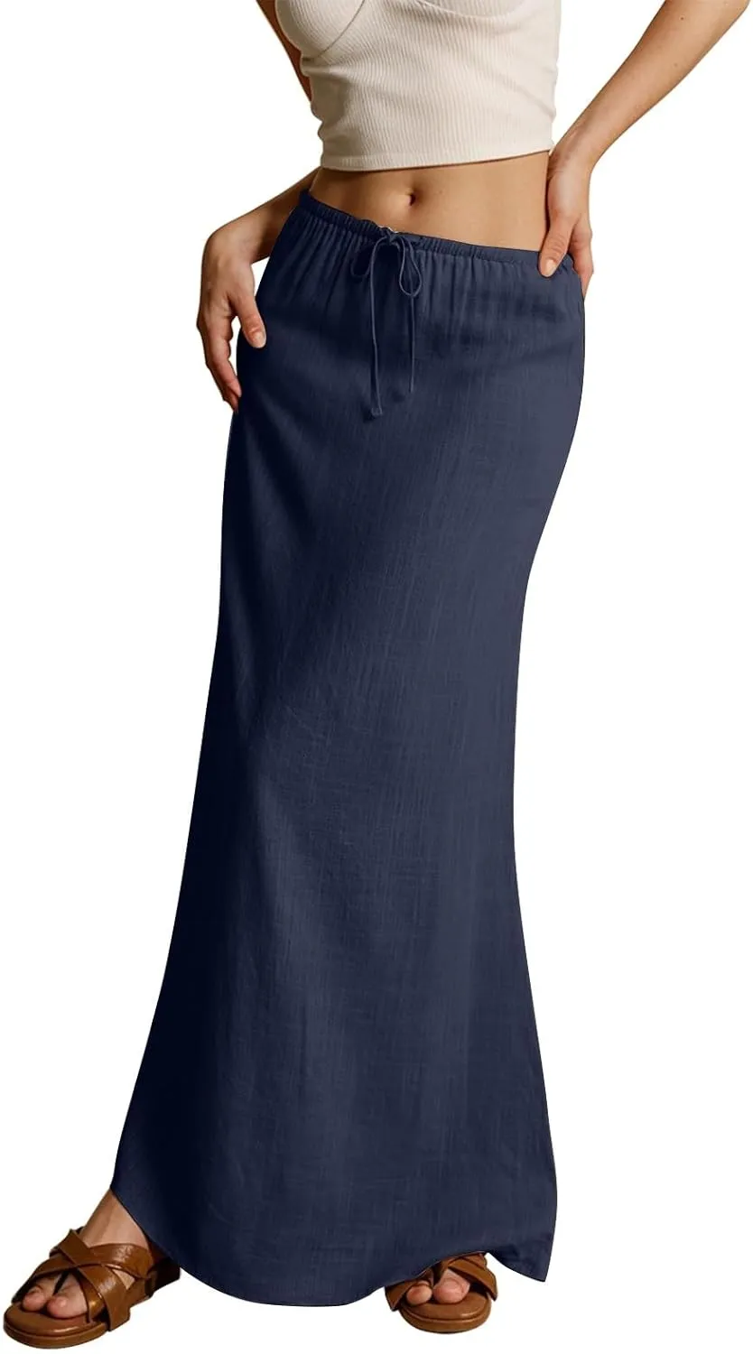 Linen Maxi Skirts for Women Summer Trendy Drawstring Waisted Comfy A Line Long Skirt Boho Flowy Vacation Beach Skirt