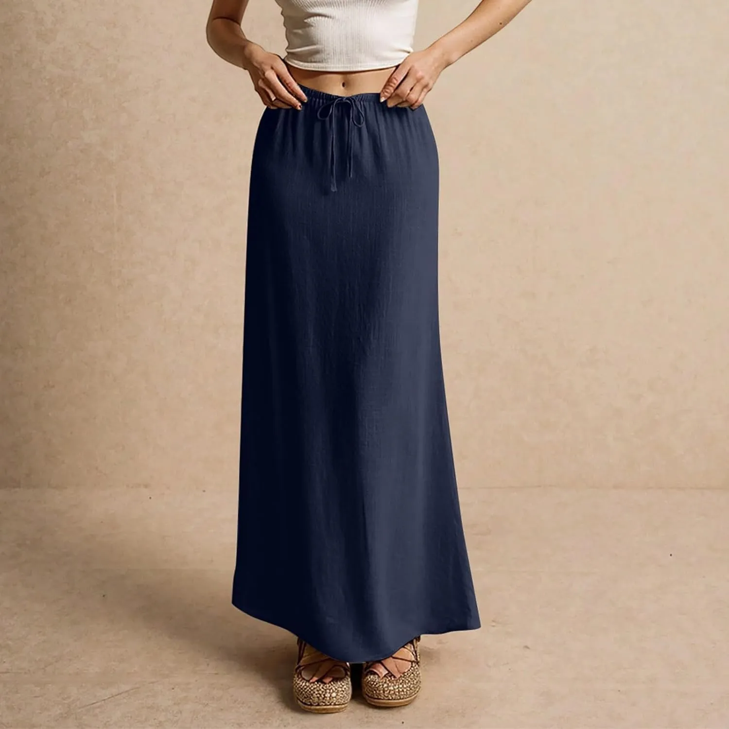 Linen Maxi Skirts for Women Summer Trendy Drawstring Waisted Comfy A Line Long Skirt Boho Flowy Vacation Beach Skirt