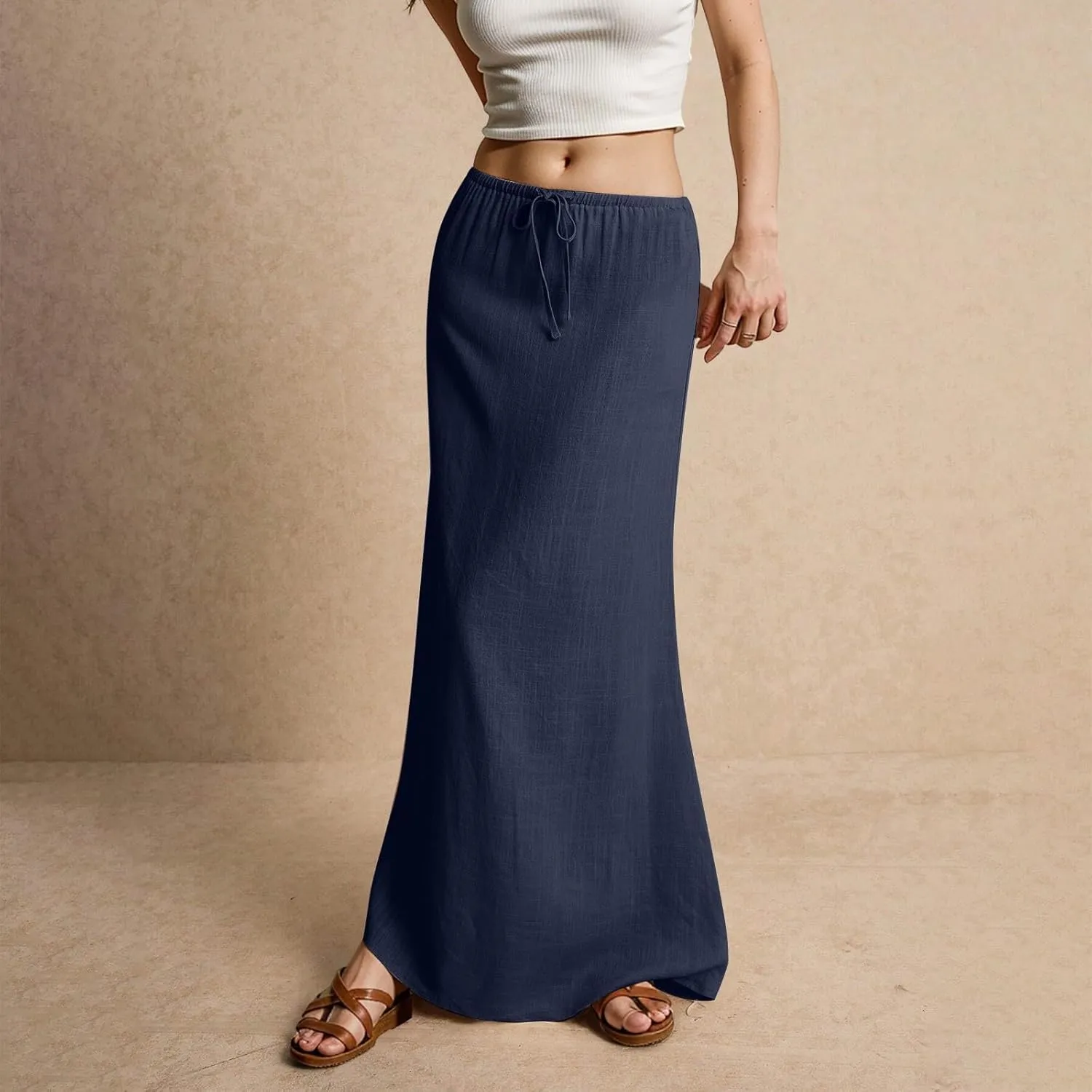 Linen Maxi Skirts for Women Summer Trendy Drawstring Waisted Comfy A Line Long Skirt Boho Flowy Vacation Beach Skirt