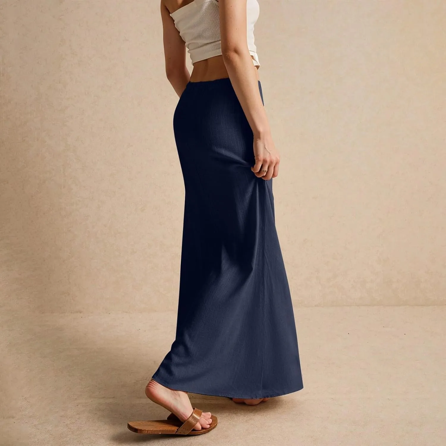 Linen Maxi Skirts for Women Summer Trendy Drawstring Waisted Comfy A Line Long Skirt Boho Flowy Vacation Beach Skirt