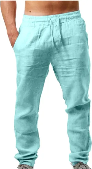 Linen Mens Pants Big and Tall Elastic Waist Tapered Pants Drawstring Lounge Trousers Casual Breathable Summer Pants