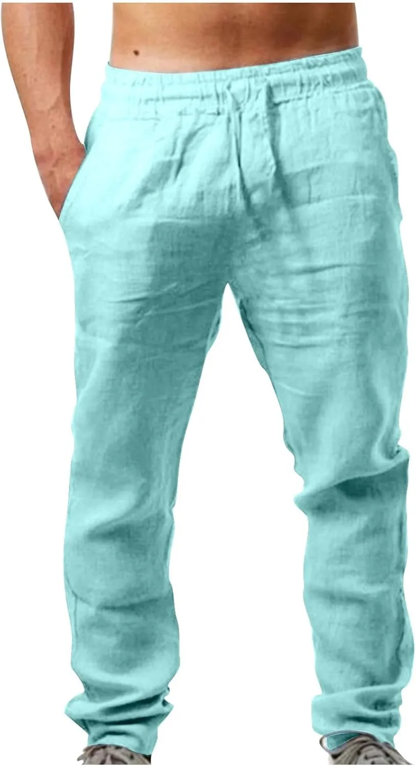 Linen Mens Pants Big and Tall Elastic Waist Tapered Pants Drawstring Lounge Trousers Casual Breathable Summer Pants