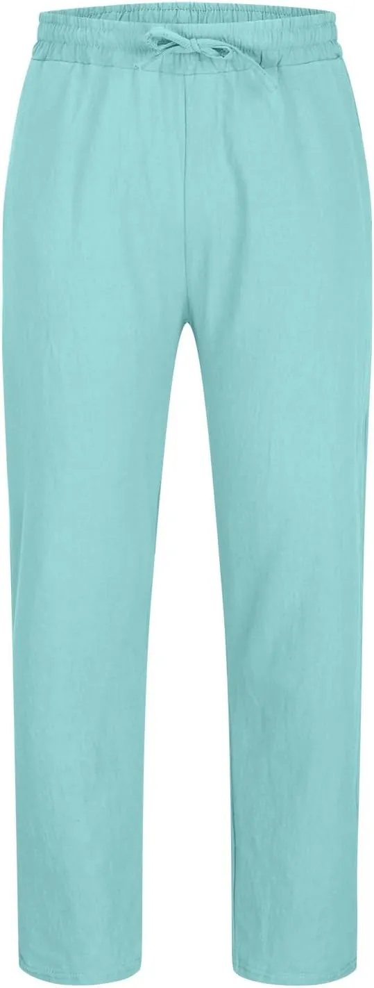 Linen Mens Pants Big and Tall Elastic Waist Tapered Pants Drawstring Lounge Trousers Casual Breathable Summer Pants