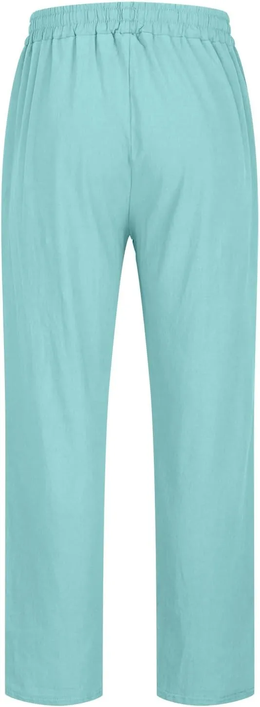 Linen Mens Pants Big and Tall Elastic Waist Tapered Pants Drawstring Lounge Trousers Casual Breathable Summer Pants