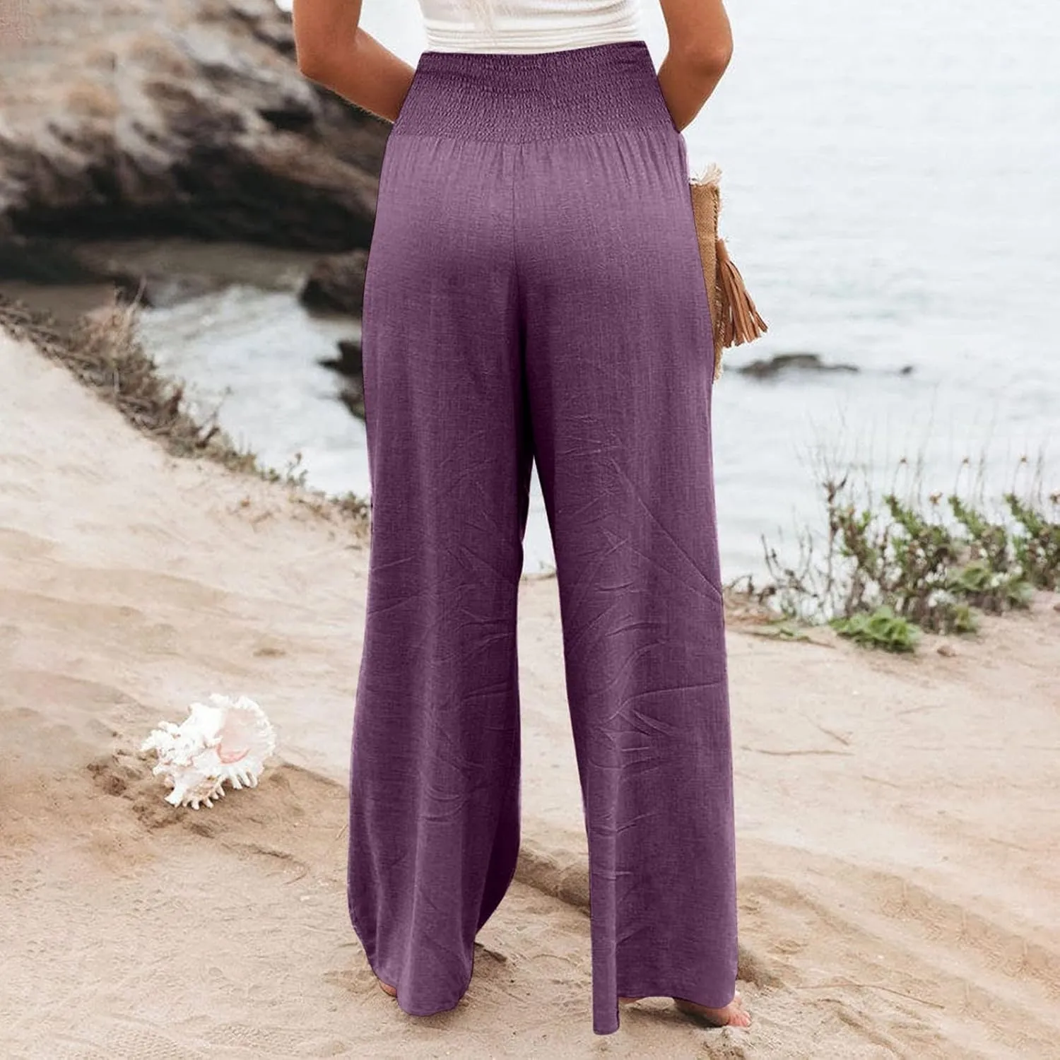 Linen Pants for Women Summer High Waisted Cotton Linen Palazzo Pants Wide Leg Long Lounge Pant Trousers with Pocket