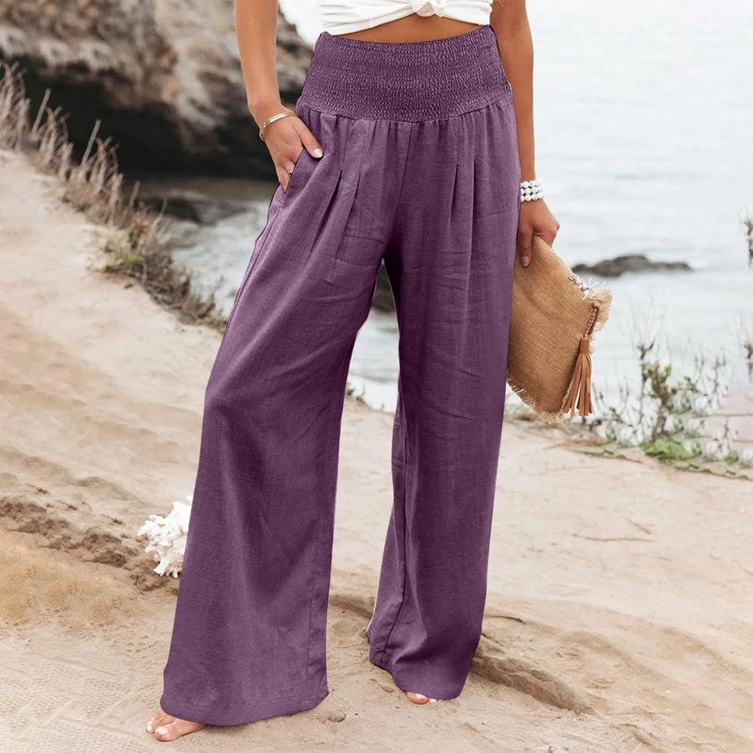 Linen Pants for Women Summer High Waisted Cotton Linen Palazzo Pants Wide Leg Long Lounge Pant Trousers with Pocket