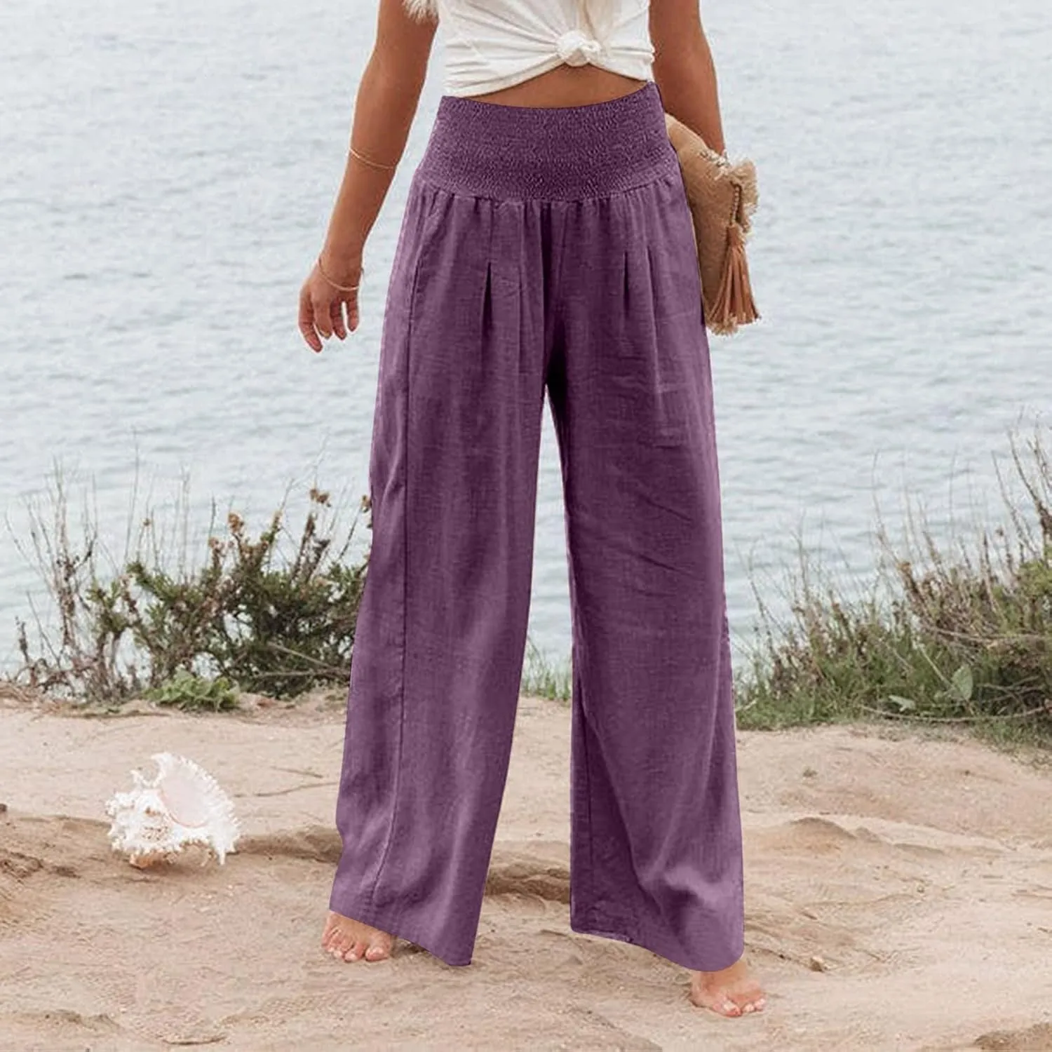 Linen Pants for Women Summer High Waisted Cotton Linen Palazzo Pants Wide Leg Long Lounge Pant Trousers with Pocket