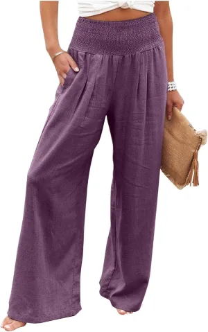 Linen Pants for Women Summer High Waisted Cotton Linen Palazzo Pants Wide Leg Long Lounge Pant Trousers with Pocket