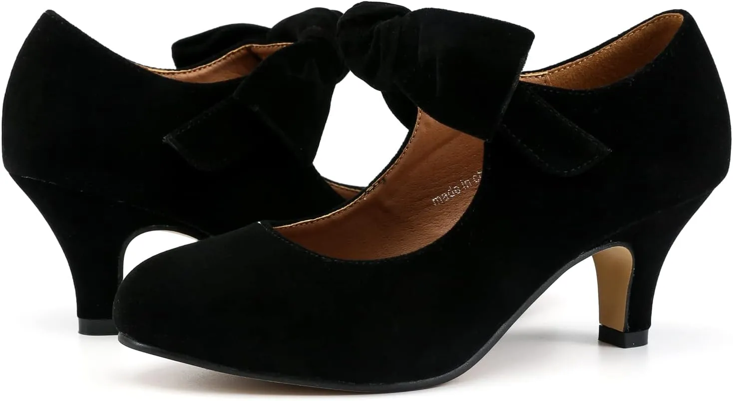 LIURUIJIA Women's Bow Heels Mary Jane Kitten Heel Pumps Round Toe Low Heels Ankle Strap Wedding Evening Party Dress Shoes