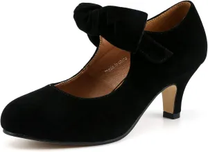 LIURUIJIA Women's Bow Heels Mary Jane Kitten Heel Pumps Round Toe Low Heels Ankle Strap Wedding Evening Party Dress Shoes
