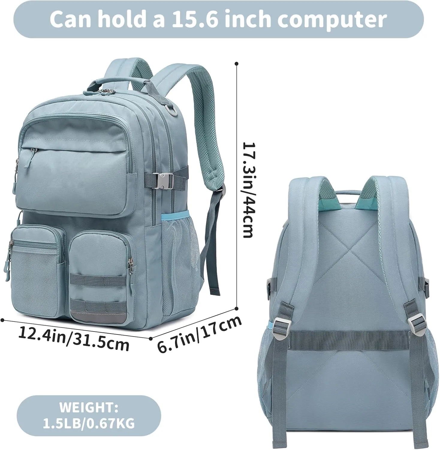 Lohol Water Resistant Backpack with Multifunctional Pockets for Teens, Durable Bookbag fits 15.6 inch Laptop for School Travel College, 25L (Grey Blue)