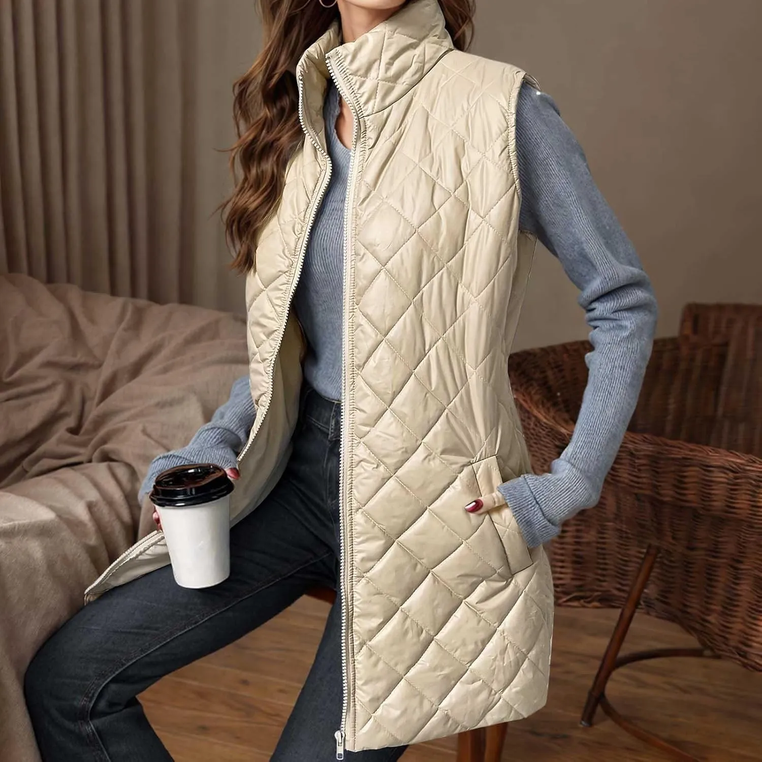 Long Puffer Vest Women Lightweight Quilted Sleeveless Stand Collar Zip Up Puffy Jacket with Pockets Winter Outerwear