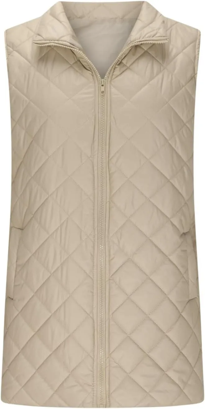 Long Puffer Vest Women Lightweight Quilted Sleeveless Stand Collar Zip Up Puffy Jacket with Pockets Winter Outerwear