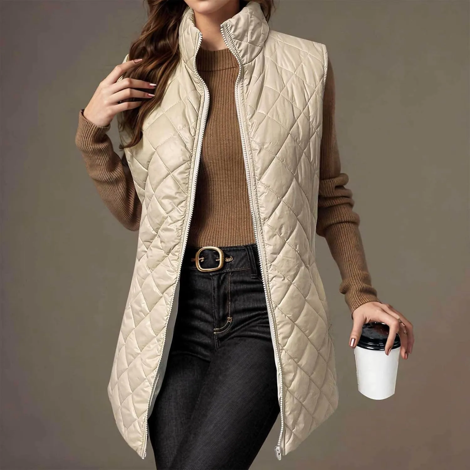 Long Puffer Vest Women Lightweight Quilted Sleeveless Stand Collar Zip Up Puffy Jacket with Pockets Winter Outerwear
