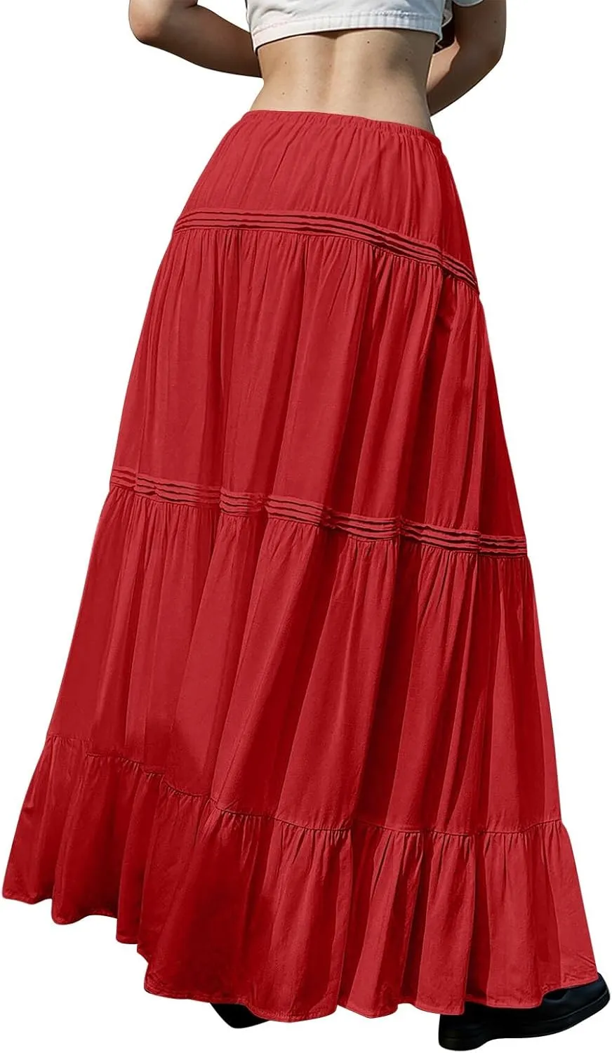 Long Skirts for Women Trendy Boho Maxi Skirt Summer Flowy Swing Tiered A-Line Elastic High Waist Dress