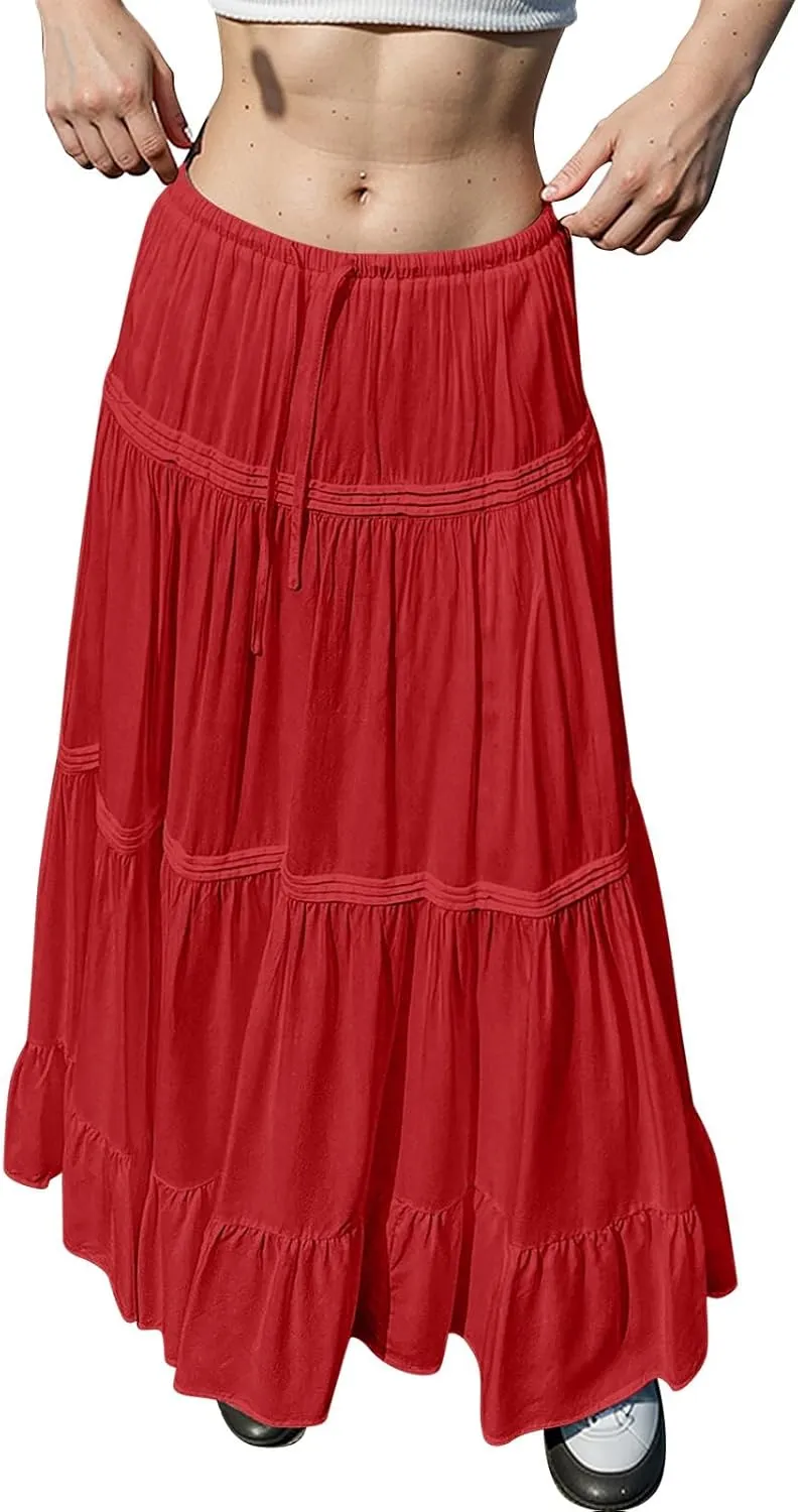 Long Skirts for Women Trendy Boho Maxi Skirt Summer Flowy Swing Tiered A-Line Elastic High Waist Dress