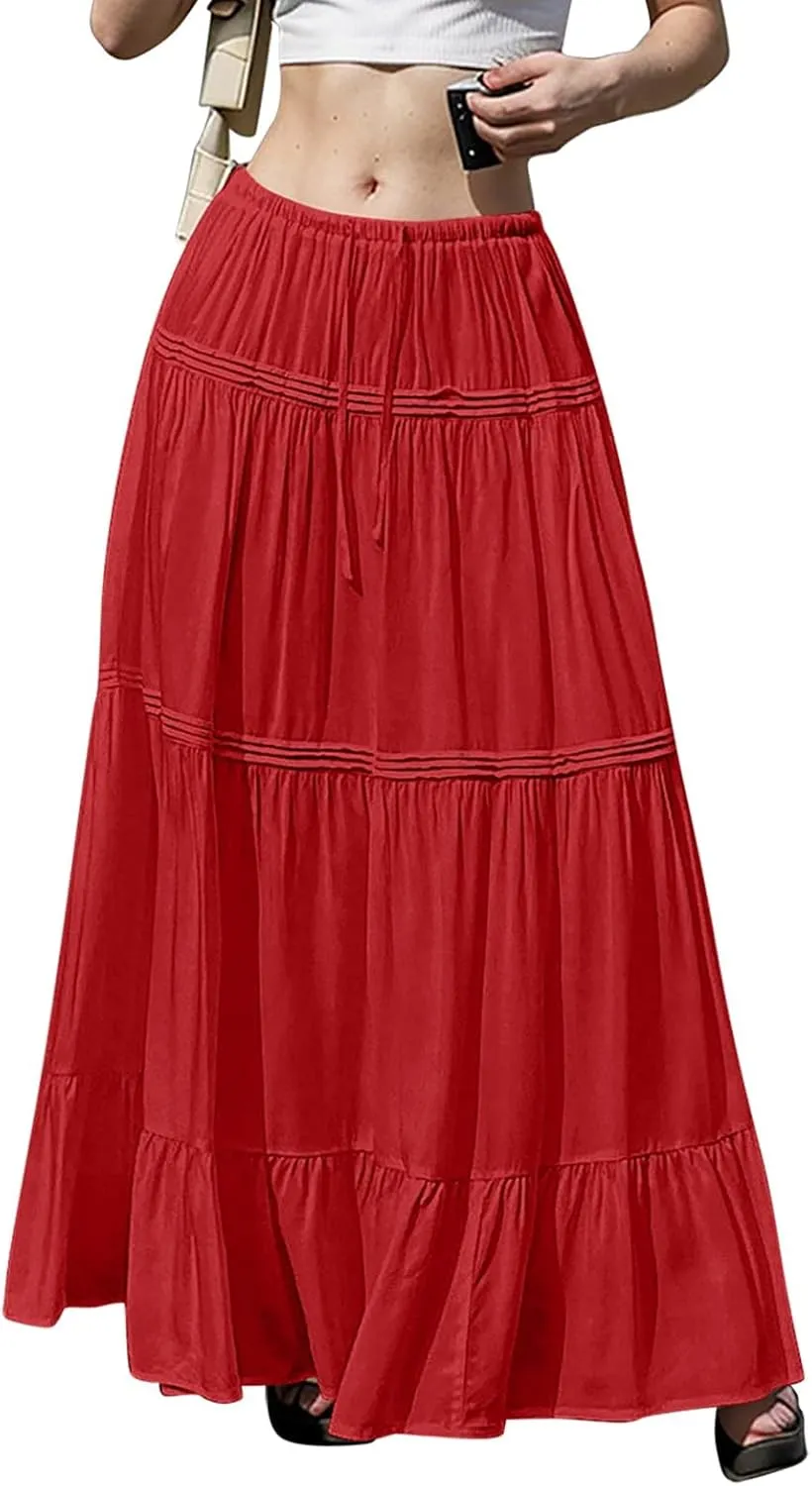 Long Skirts for Women Trendy Boho Maxi Skirt Summer Flowy Swing Tiered A-Line Elastic High Waist Dress