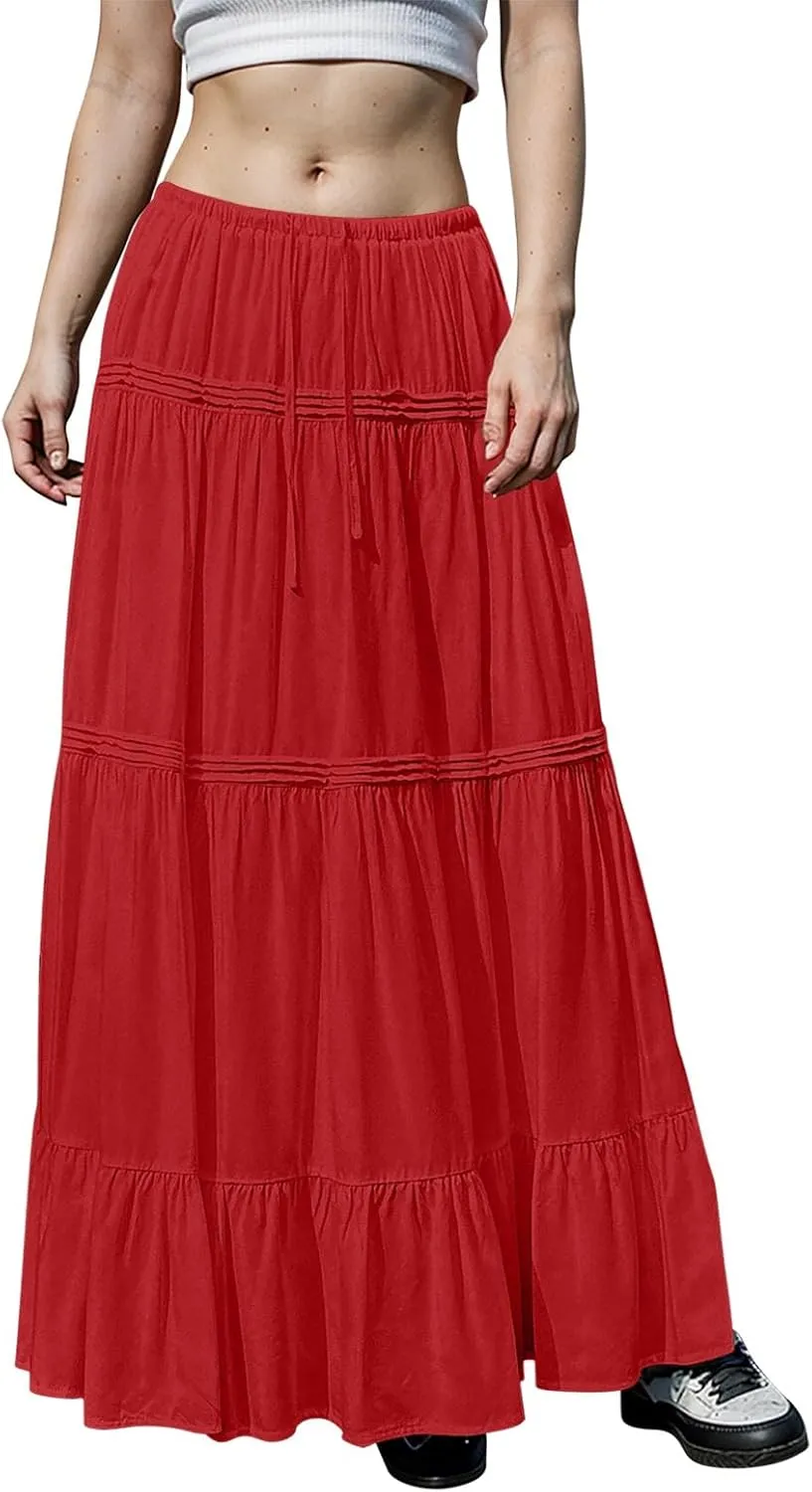 Long Skirts for Women Trendy Boho Maxi Skirt Summer Flowy Swing Tiered A-Line Elastic High Waist Dress