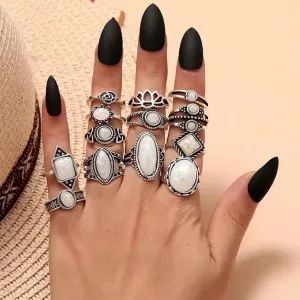 LRGKMCWTOB 13 Pcs Fashion Moonstone Ring Set, Knuckle Stacking Silver Rings for Women, Boho Faux Ethnic Style Dainty Jewelry Set, Hollow Rose Lotus Flower Trendy Birthstone Pop Rings Gift