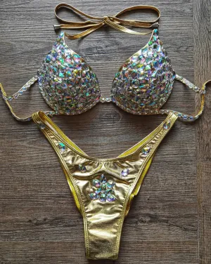 Luxury Rhinestone Crystal Embellished Gold Bikini