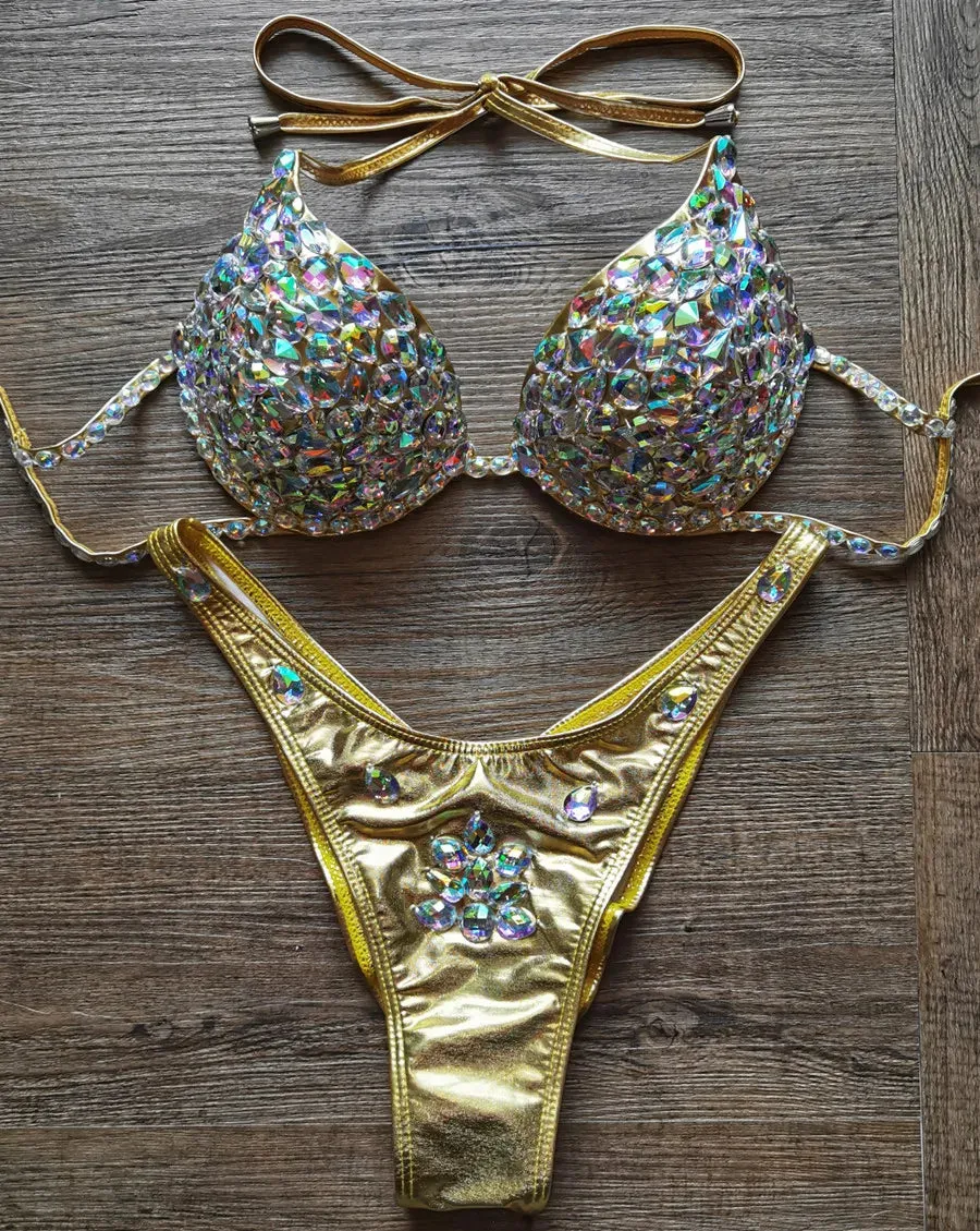 Luxury Rhinestone Crystal Embellished Gold Bikini