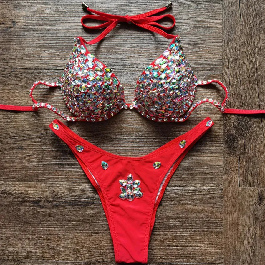 Luxury Rhinestone Crystal Embellished Gold Bikini