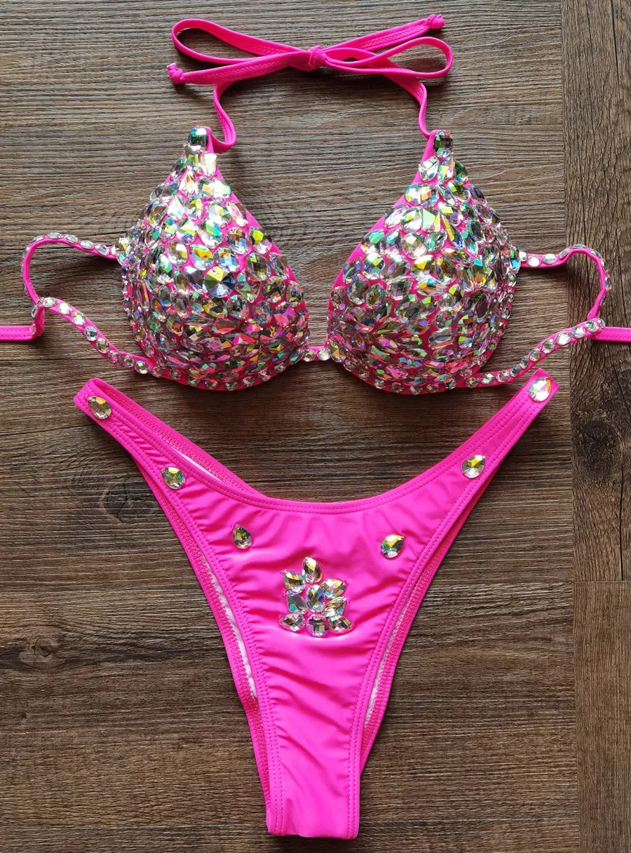 Luxury Rhinestone Crystal Embellished Gold Bikini