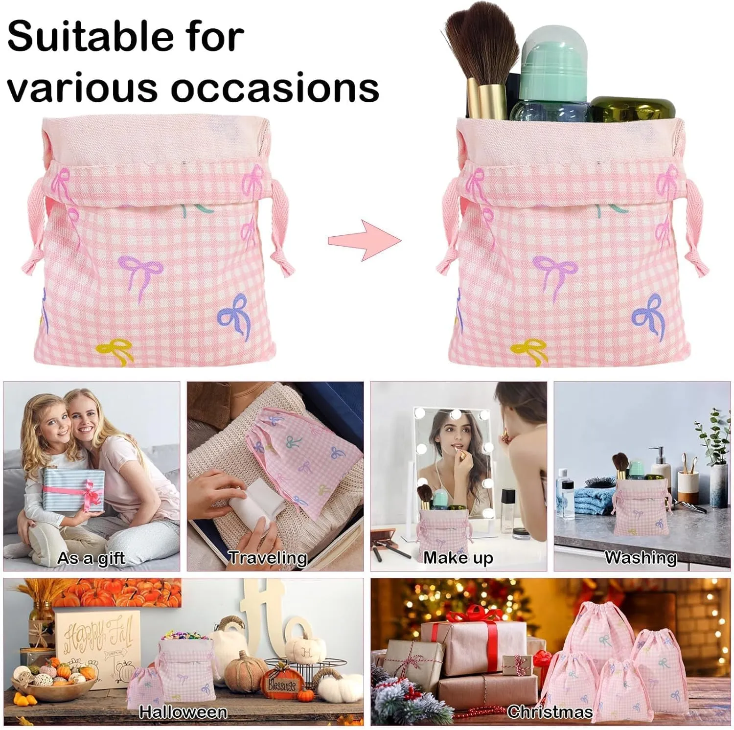LYDZTION 4pcs Floral Drawstring Makeup Bags Pouches For Purse, Small Canvas Cloth Gift Bags Pouch For Cosmetics Jewerlry Home Travel Storage, Pink Bow