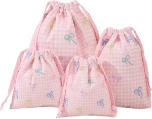 LYDZTION 4pcs Floral Drawstring Makeup Bags Pouches For Purse, Small Canvas Cloth Gift Bags Pouch For Cosmetics Jewerlry Home Travel Storage, Pink Bow