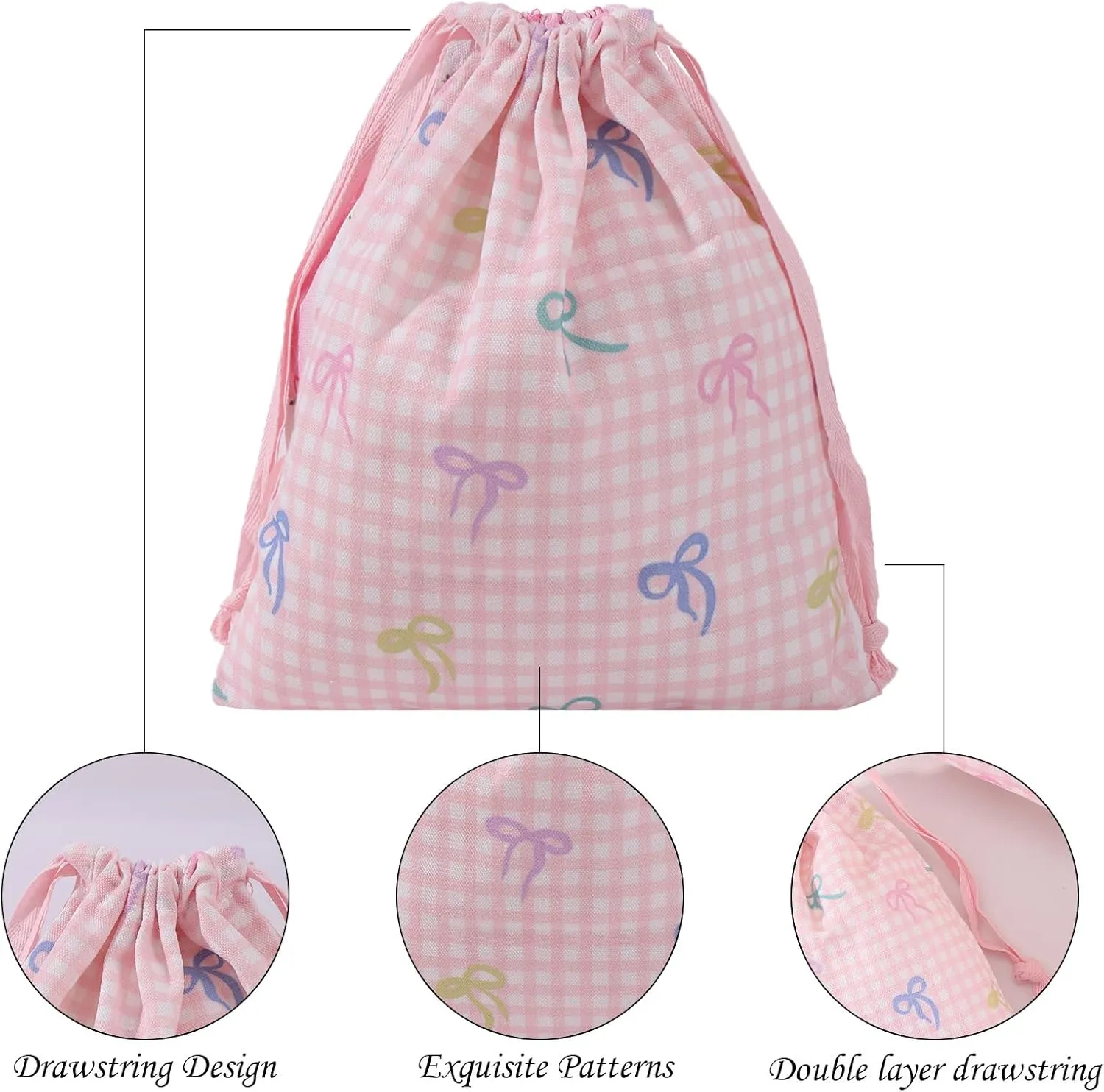 LYDZTION 4pcs Floral Drawstring Makeup Bags Pouches For Purse, Small Canvas Cloth Gift Bags Pouch For Cosmetics Jewerlry Home Travel Storage, Pink Bow