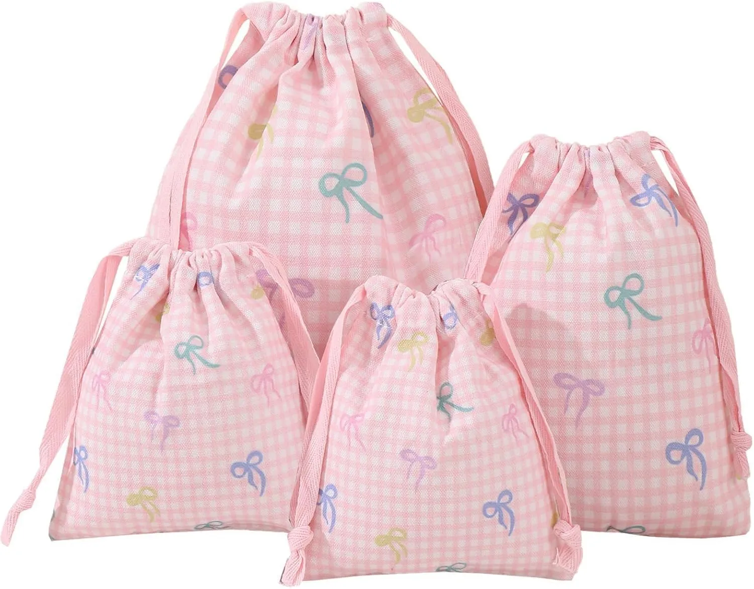 LYDZTION 4pcs Floral Drawstring Makeup Bags Pouches For Purse, Small Canvas Cloth Gift Bags Pouch For Cosmetics Jewerlry Home Travel Storage, Pink Bow