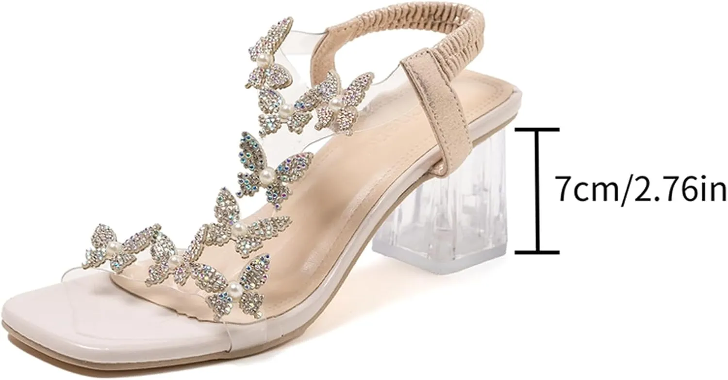 Lymphvity Women's Rhinestone Butterfly Clear Block Heel Sandals Open Toe Elastic Ankle Strap Chunky Heel Dress Shoes Square Toe Heels Party Wedding Sandal Shoes
