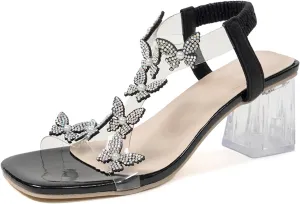 Lymphvity Women's Rhinestone Butterfly Clear Block Heel Sandals Open Toe Elastic Ankle Strap Chunky Heel Dress Shoes Square Toe Heels Party Wedding Sandal Shoes