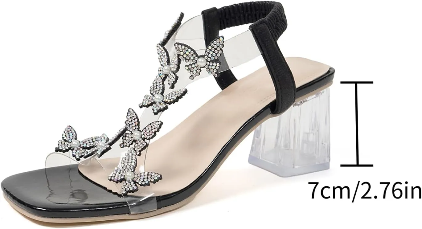 Lymphvity Women's Rhinestone Butterfly Clear Block Heel Sandals Open Toe Elastic Ankle Strap Chunky Heel Dress Shoes Square Toe Heels Party Wedding Sandal Shoes