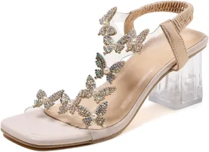 Lymphvity Women's Rhinestone Butterfly Clear Block Heel Sandals Open Toe Elastic Ankle Strap Chunky Heel Dress Shoes Square Toe Heels Party Wedding Sandal Shoes