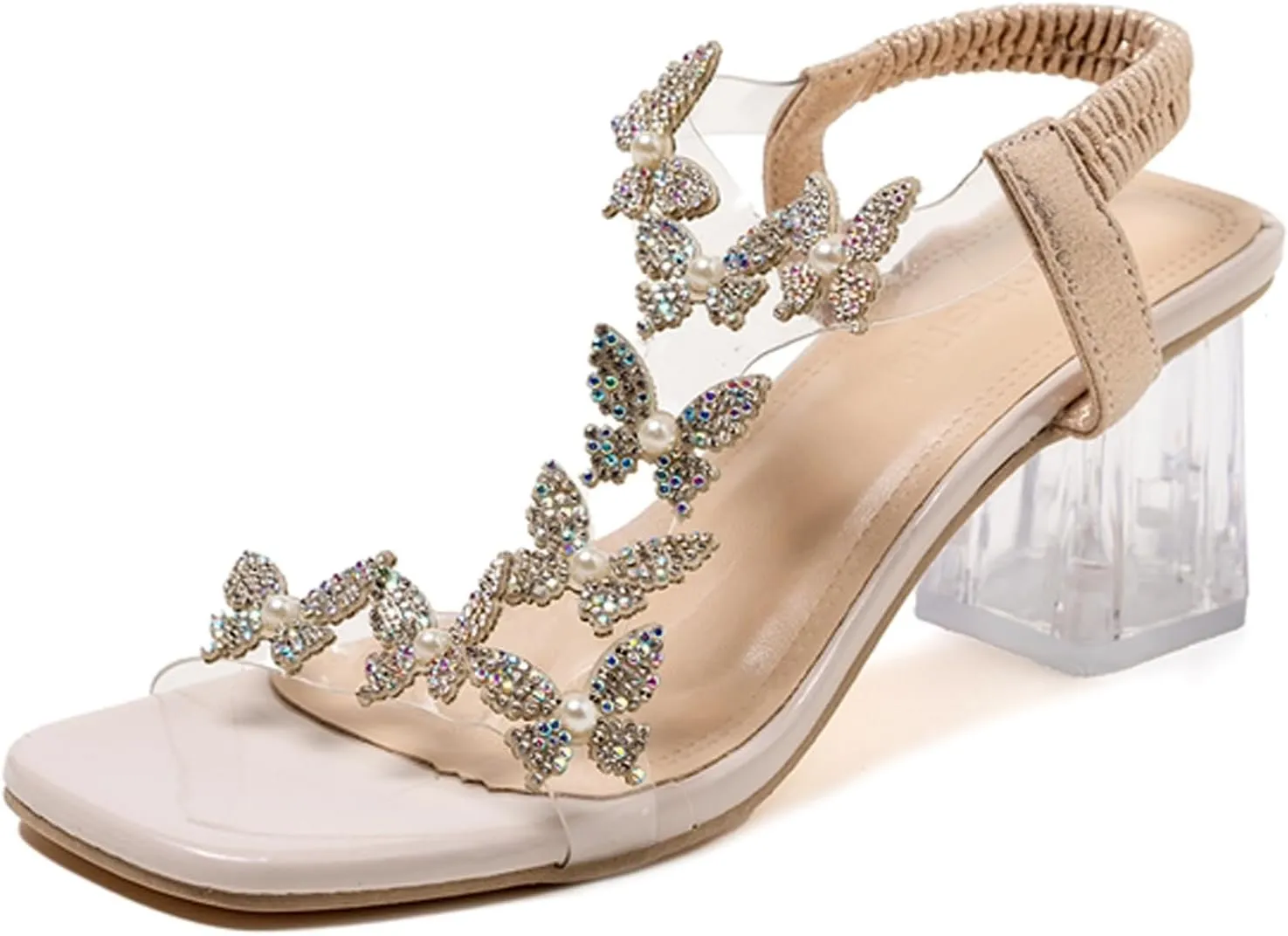 Lymphvity Women's Rhinestone Butterfly Clear Block Heel Sandals Open Toe Elastic Ankle Strap Chunky Heel Dress Shoes Square Toe Heels Party Wedding Sandal Shoes