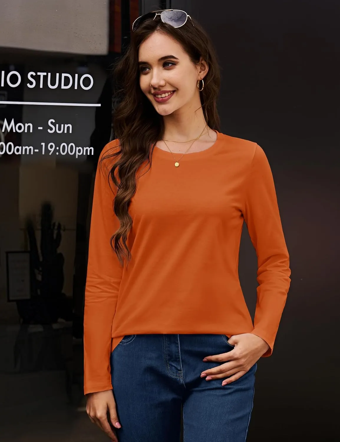 MAGCOMSEN Women's Long-Sleeve Crew-Neck Cotton T-Shirt Classic-Fit Shirt Soft Breathable Casual Tee Basic Tops
