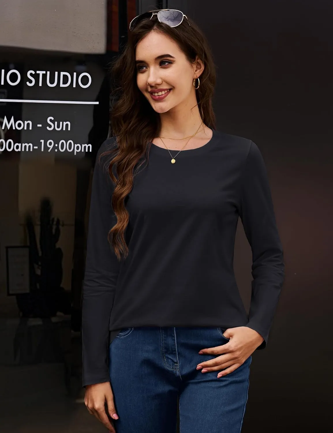 MAGCOMSEN Women's Long-Sleeve Crew-Neck Cotton T-Shirt Classic-Fit Shirt Soft Breathable Casual Tee Basic Tops