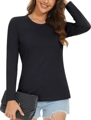 MAGCOMSEN Women's Long-Sleeve Crew-Neck Cotton T-Shirt Classic-Fit Shirt Soft Breathable Casual Tee Basic Tops