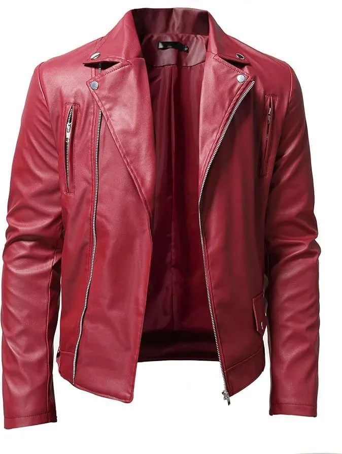 Maiyifu-GJ Mens Vintage Leather Jacket Lapel Asymmetric Zip-Up Slim Fit Biker Coat Motorcycle Faux Leather Jackets