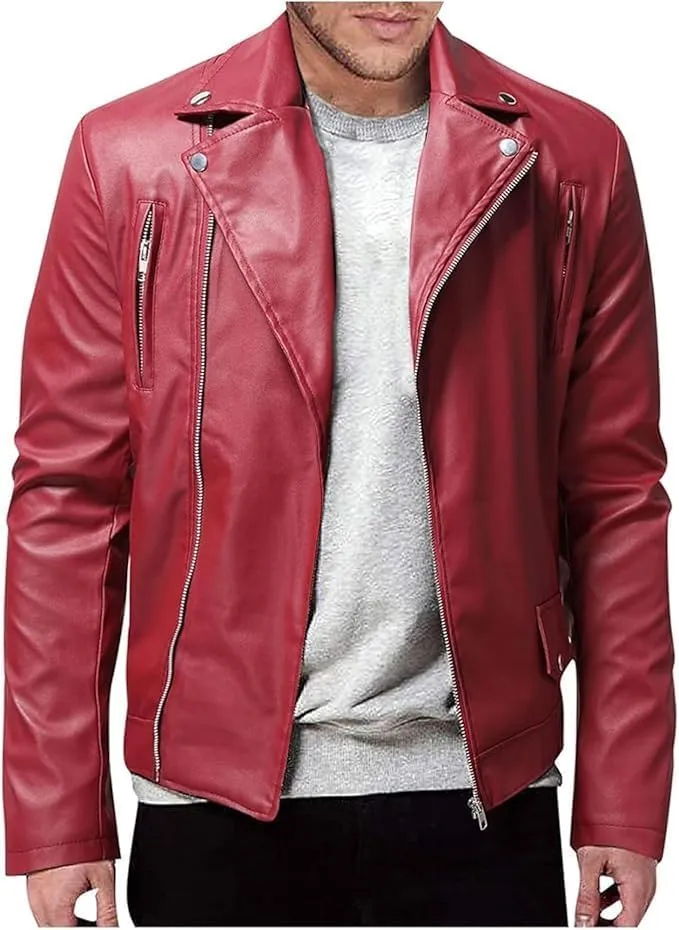Maiyifu-GJ Mens Vintage Leather Jacket Lapel Asymmetric Zip-Up Slim Fit Biker Coat Motorcycle Faux Leather Jackets