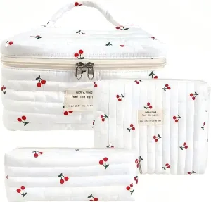 Makeup Bag Set, Large Floral Cosmetic Bag for Women, 3 Pcs Cotton Makeup Bags, Flower Travel Toiletry Bag Cherries