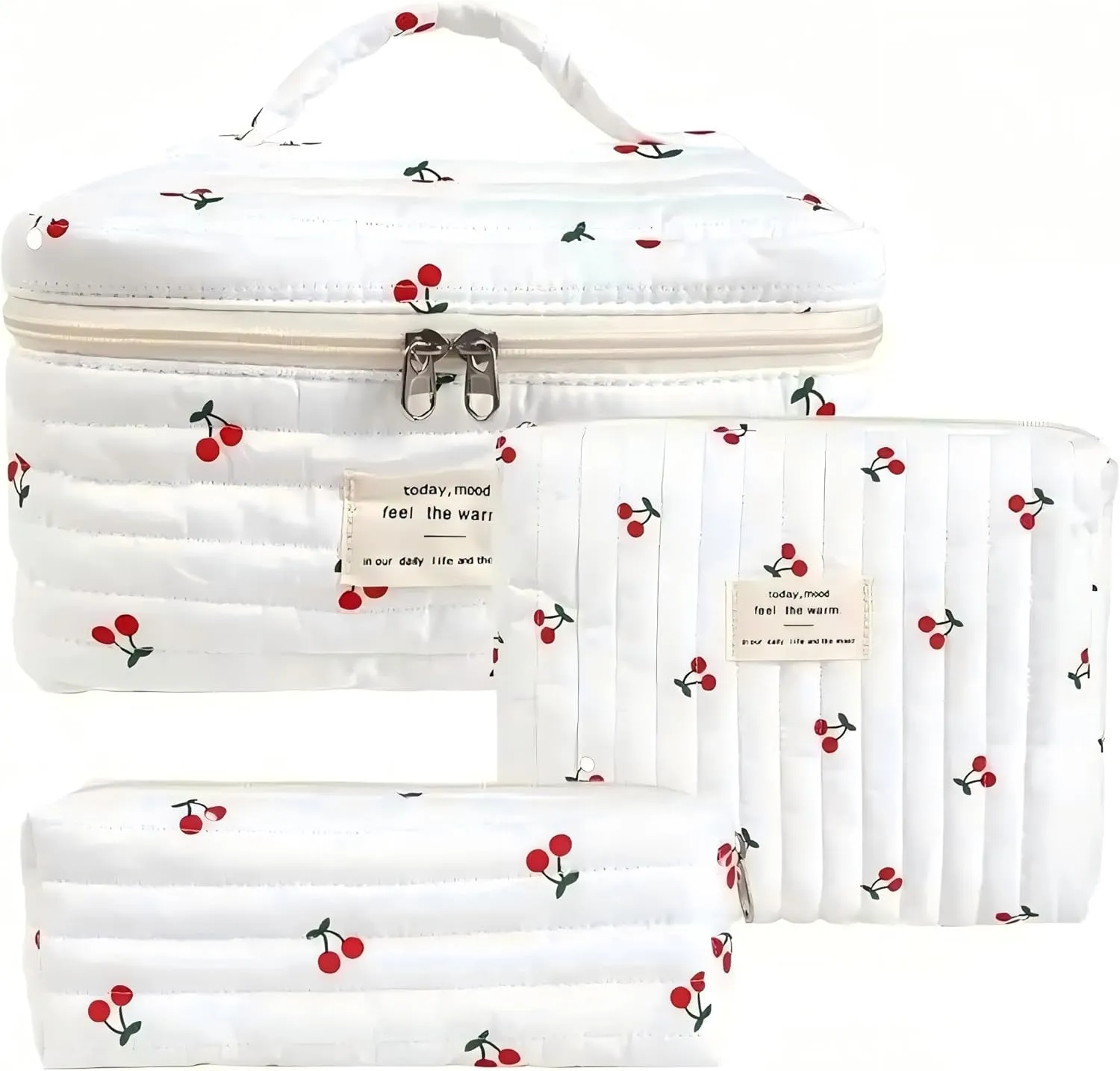 Makeup Bag Set, Large Floral Cosmetic Bag for Women, 3 Pcs Cotton Makeup Bags, Flower Travel Toiletry Bag Cherries