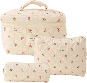Makeup Bag Set, Large Floral Cosmetic Bag for Women, 3 Pcs Cotton Makeup Bags, Flower Travel Toiletry Bag Plaid Flower