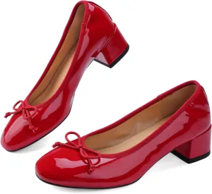 Mary Jane Shoes Women Leather Round Toe Chunky Mid Heel Pumps Ballet Shoes with Bow Tie Closed Toe Comfort Work Casual Ballerina Shoes