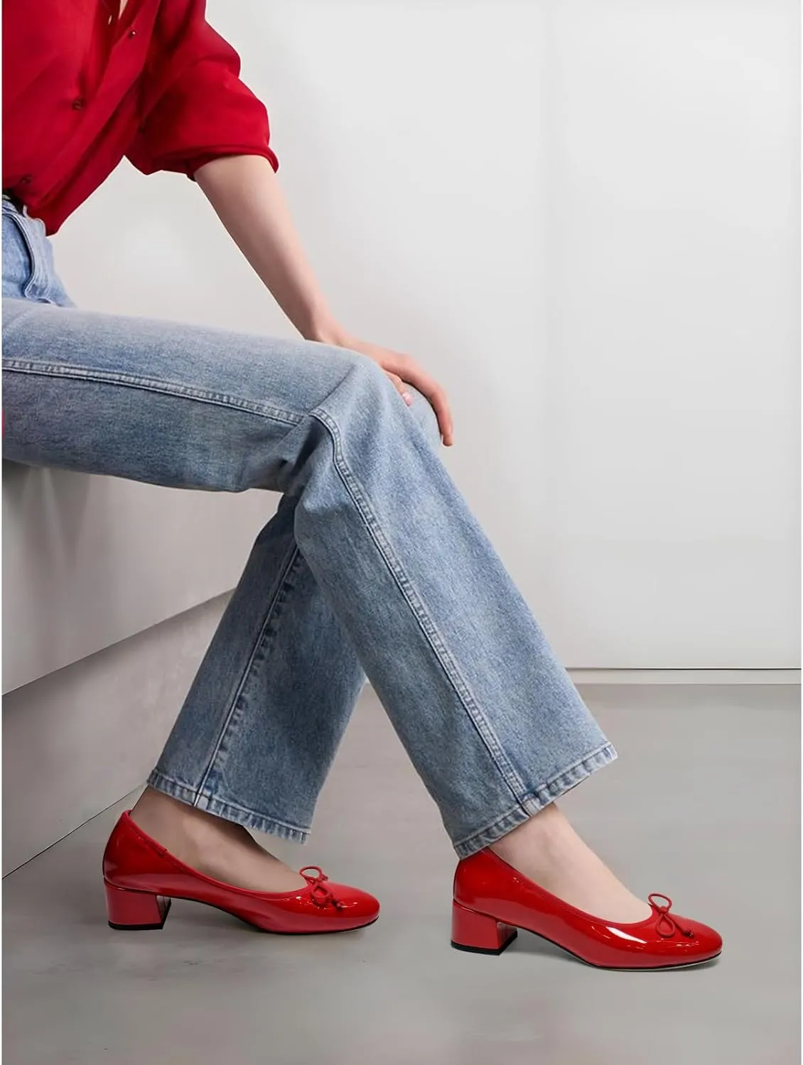 Mary Jane Shoes Women Leather Round Toe Chunky Mid Heel Pumps Ballet Shoes with Bow Tie Closed Toe Comfort Work Casual Ballerina Shoes