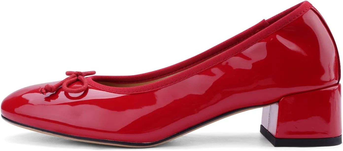 Mary Jane Shoes Women Leather Round Toe Chunky Mid Heel Pumps Ballet Shoes with Bow Tie Closed Toe Comfort Work Casual Ballerina Shoes